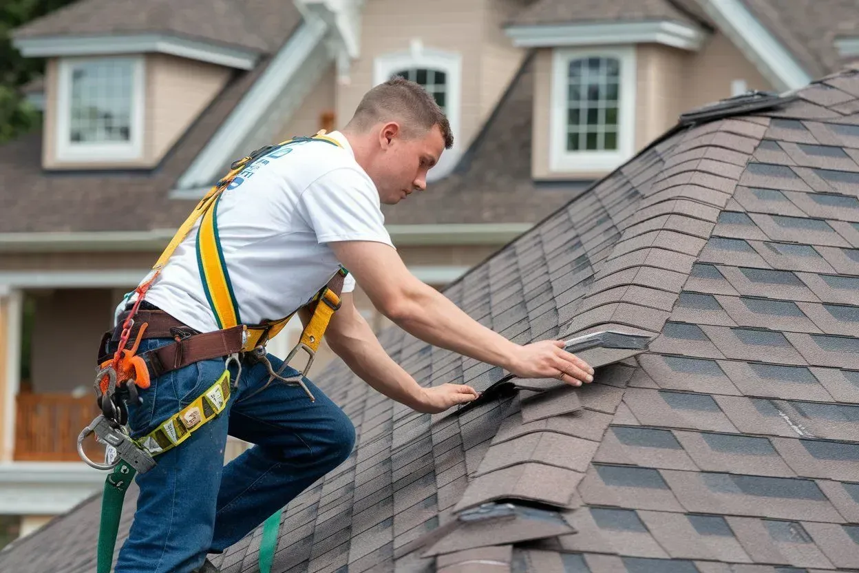 Worker inspecting roof shingles on a house during repairs