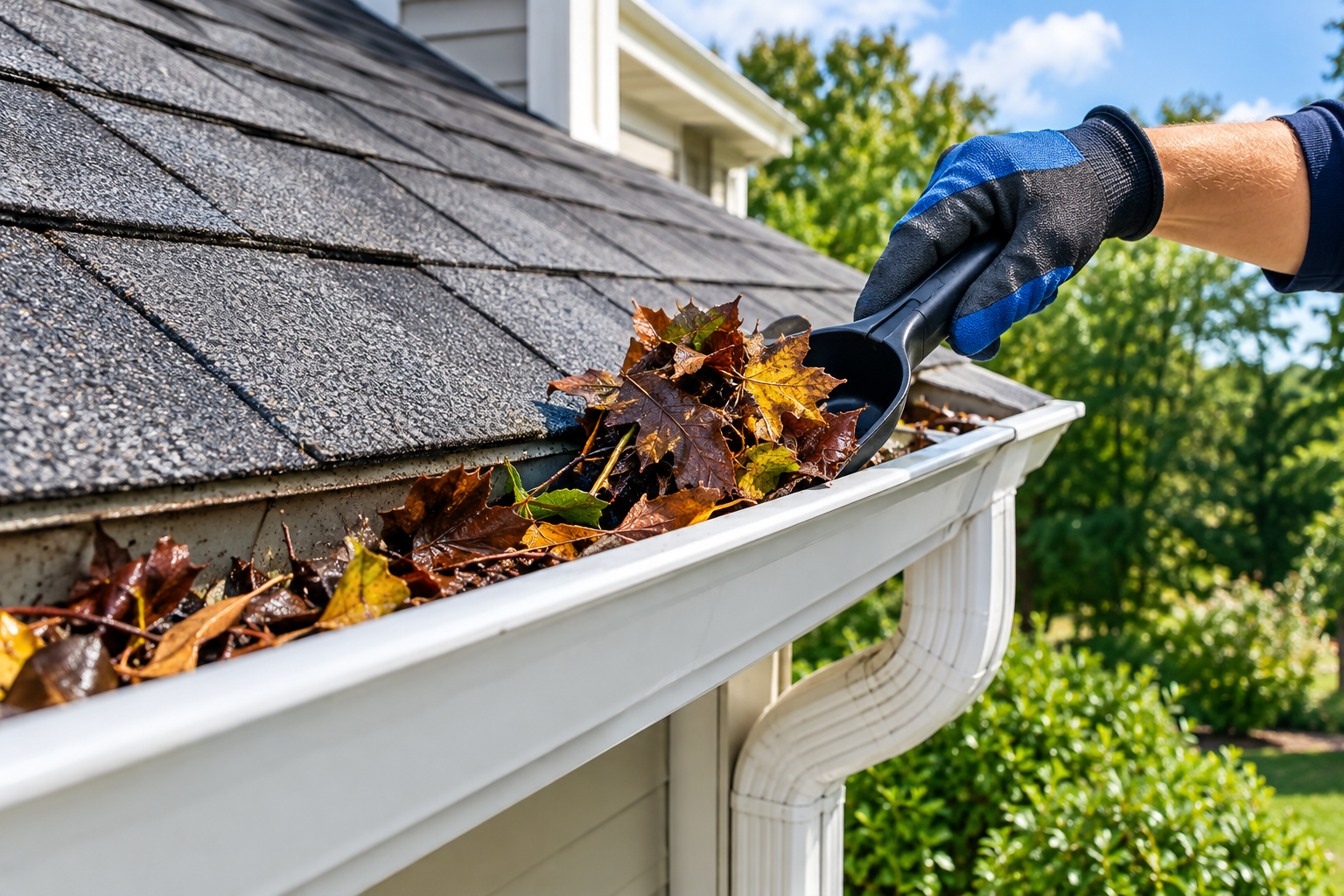 Gloved hand clearing leaves from a white gutter beside a gray shingle roof