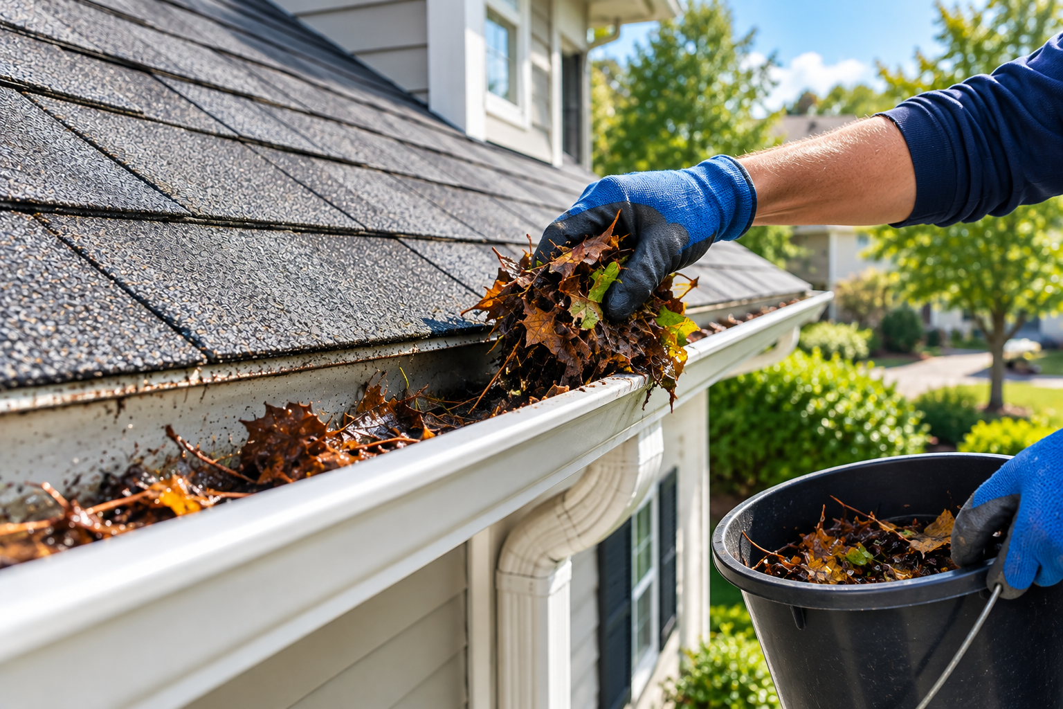 Gloved hands cleaning leaves from a house gutter beside a shingled roof and white siding