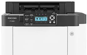 Black Ricoh printer with a lit control panel on a white background