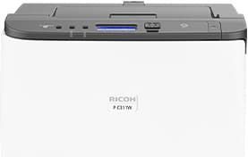 Front view of a white Ricoh printer with a gray control panel and blue display