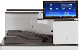 Large white laboratory instrument with a touchscreen control panel and dark gray sample tray