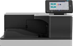 Large black-and-gray office printer with a touchscreen control panel on the top right.