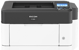 White Ricoh printer with black top control panel and blue display on a plain background
