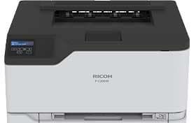 Compact black-and-white Ricoh laser printer with top paper tray and control panel