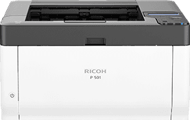Front view of a white and black Ricoh printer with paper tray open