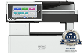 Ricoh large-format printer with touchscreen display and BLI award badge