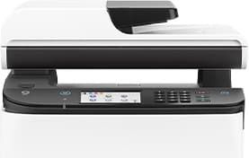White multifunction printer with scanner lid, control panel, and document feeder