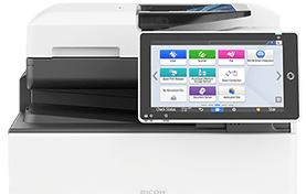 White multifunction printer with touchscreen control panel and paper tray