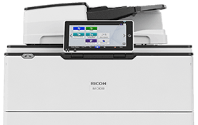 White Ricoh copier with a touchscreen control panel on the front.