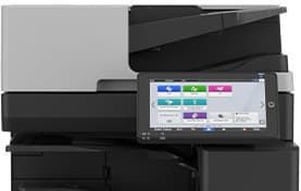 Modern black-and-gray copier with a touchscreen control panel and color buttons