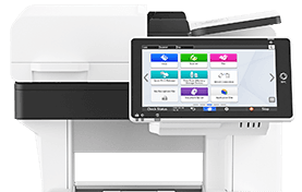 Large white multifunction printer with a touchscreen control panel and document feeder