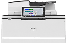 White Ricoh multifunction printer with touchscreen control panel on the front.