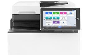 Black-and-white multifunction printer with a touchscreen control panel on the right