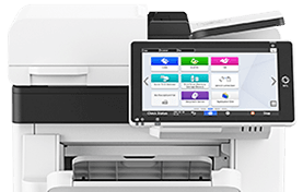 Multifunction printer with touchscreen control panel and document feeder, front view
