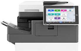Large gray multifunction printer with a touchscreen control panel and paper output tray