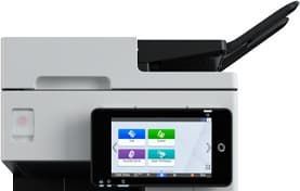 White multifunction printer with touchscreen and open scanner lid