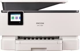 White Ricoh multifunction printer with touchscreen display and paper tray