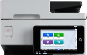 Touchscreen control panel on a white multifunction printer with color app icons.