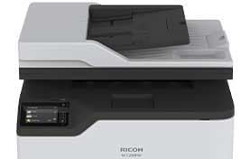 White Ricoh multifunction printer with a black document feeder and control panel on the front
