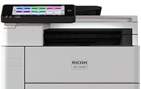 Front view of a white Ricoh office printer with a color touchscreen display.