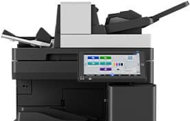 Office printer with touchscreen control panel and paper trays, shown in gray and black