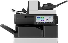 Multifunction office printer/copier with touchscreen control panel and paper trays