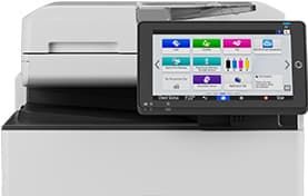 Desktop printer with touchscreen control panel displaying colorful menu icons