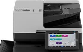 Desktop printer with touchscreen control panel and paper output tray