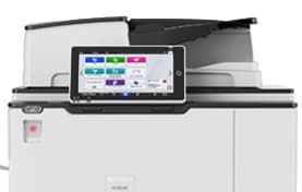 Large white office copier with a touchscreen control panel and open paper tray