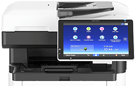 Black multifunction printer with touchscreen control panel and paper output tray