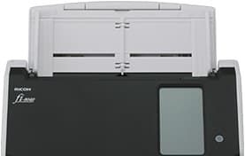 Gray and black office printer with paper trays visible at top