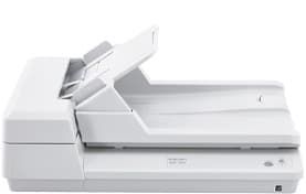 White office scanner with automatic document feeder, shown open on a plain background