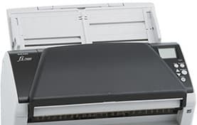 Desktop scanner with document feeder, gray and black корпус, viewed from the front