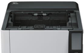 Top view of a black-and-gray desktop printer with the paper tray open