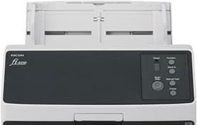 Black and silver desktop printer with top paper tray and control panel buttons