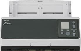 Black-and-white office printer with paper loaded in the top tray and a small control panel on the right