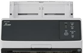 Close-up of a gray office printer with paper tray and control panel