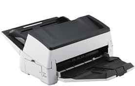 Compact white-and-black office printer with paper trays open