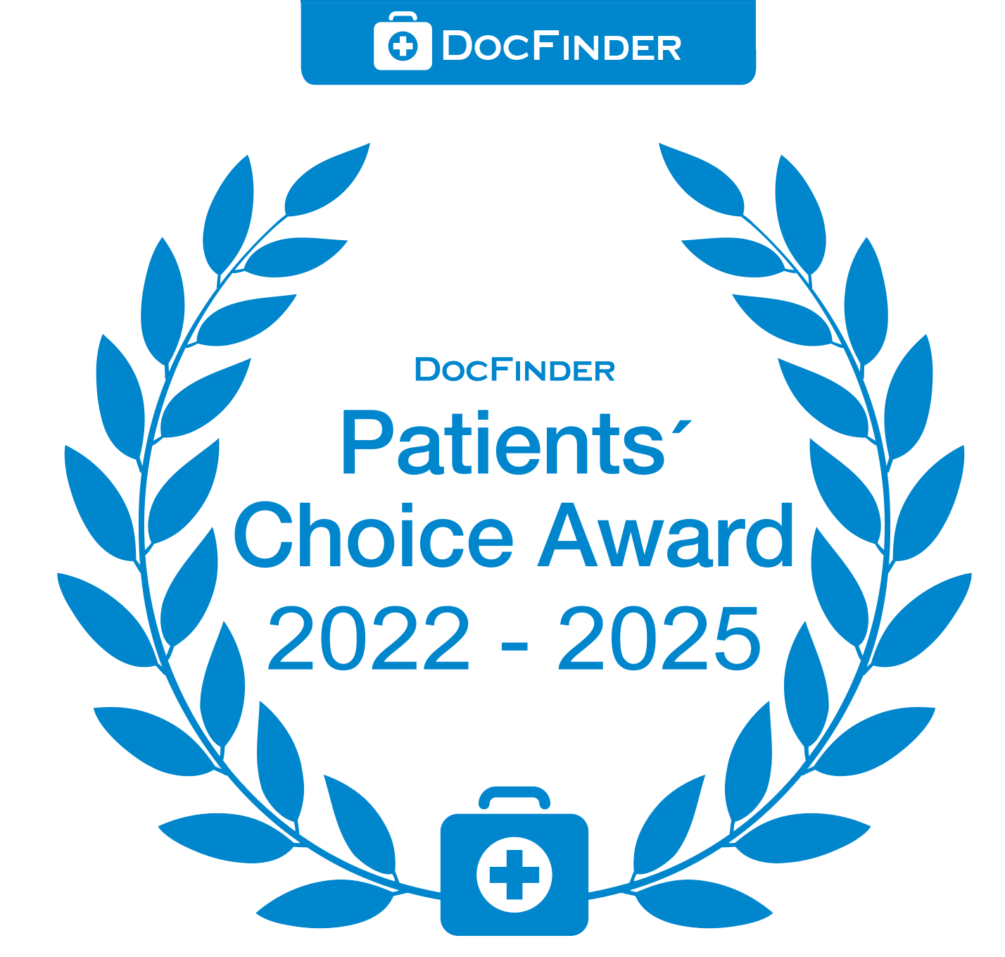 Ein blauer Lorbeerkranz mit der Aufschrift „Patients Choice Award 2022-2024“ von Doc Finder