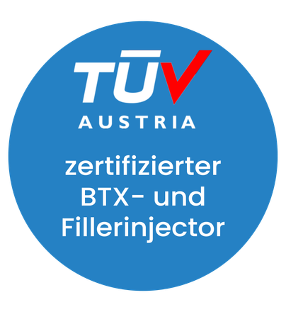 Ein blauer Kreis mit der Aufschrift TÜV Austria zertifizierter
BTX- und
Fillerinjector