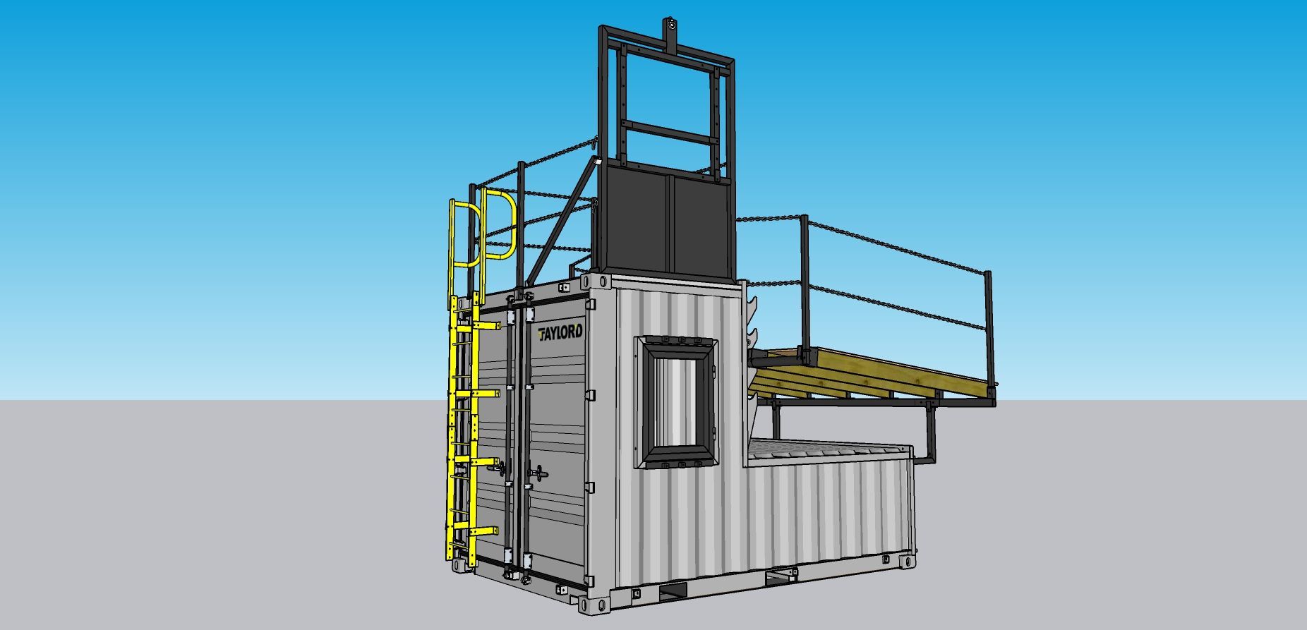 3D-rendered industrial machine with metal stairs, railings, and a platform on a gray surface