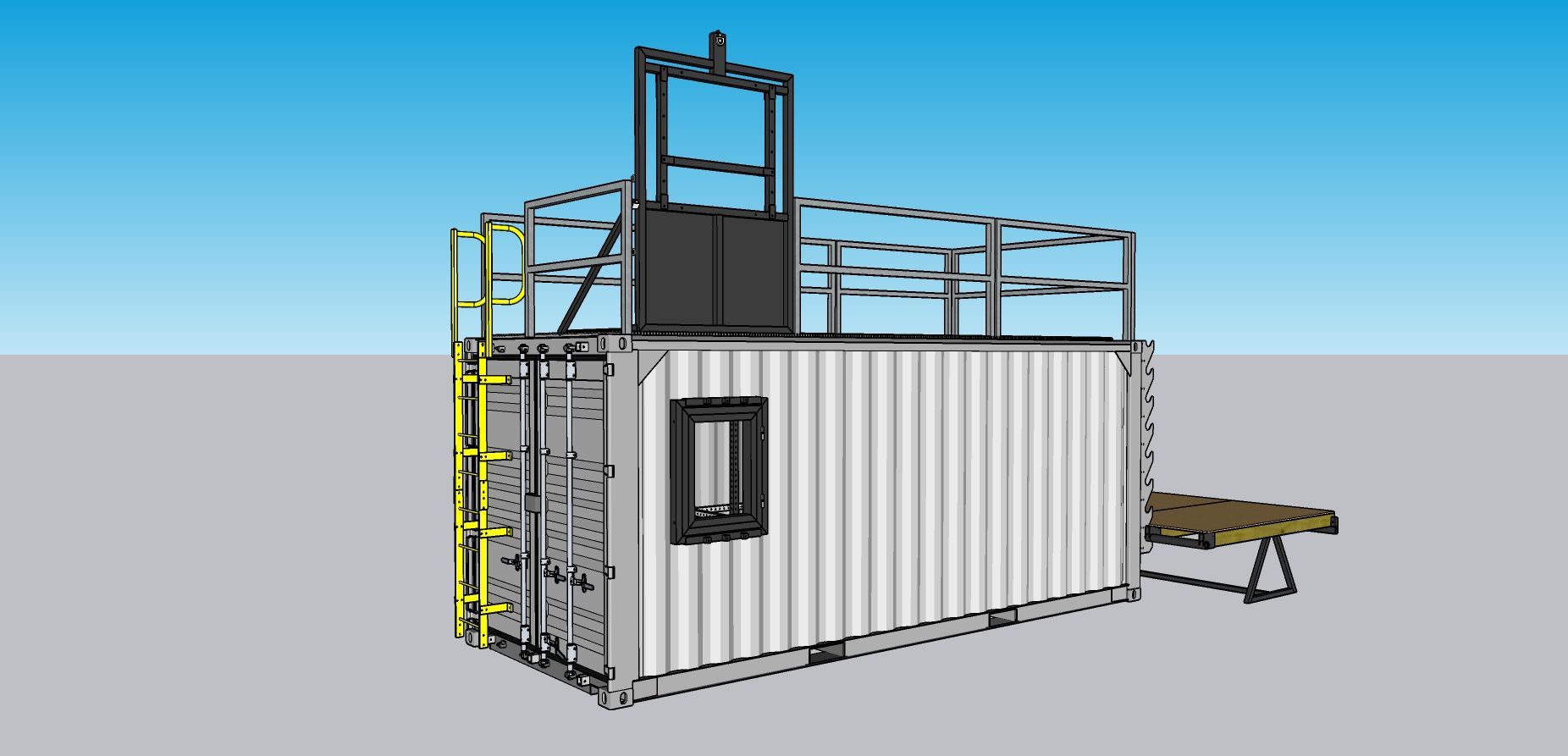 3D render of a containerized industrial platform with ladders, railings, and a small work table