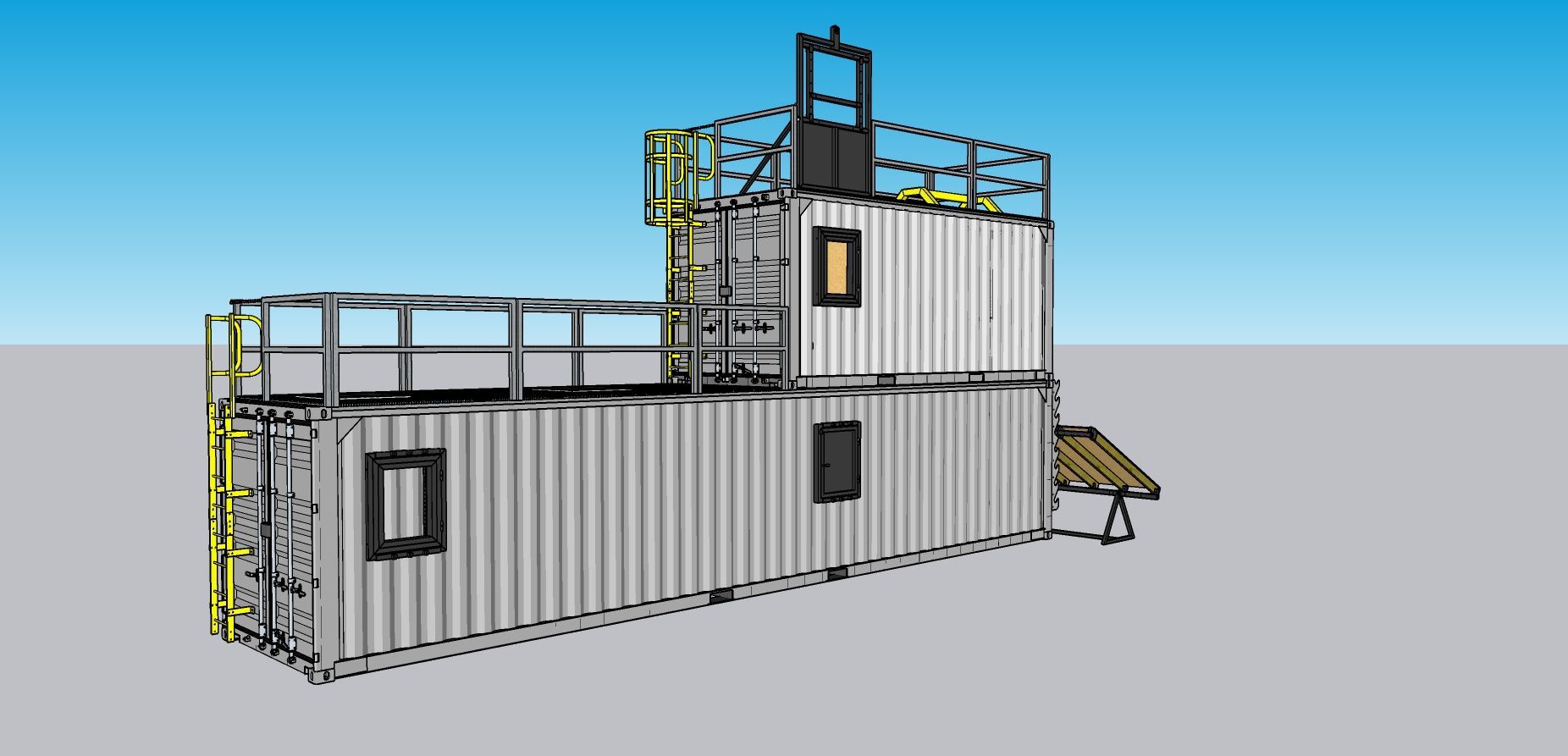 Stacked white shipping containers in a 3D render, with railings, a ladder, and a small stairway platform.