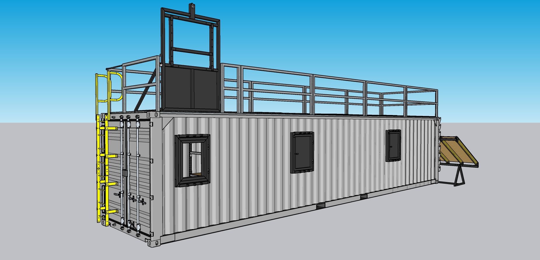 3D rendering of a gray shipping-container work platform with railings and access stairs