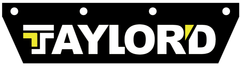 TAYLORD logo in white and yellow on a black sign with circular holes on top and bottom edges