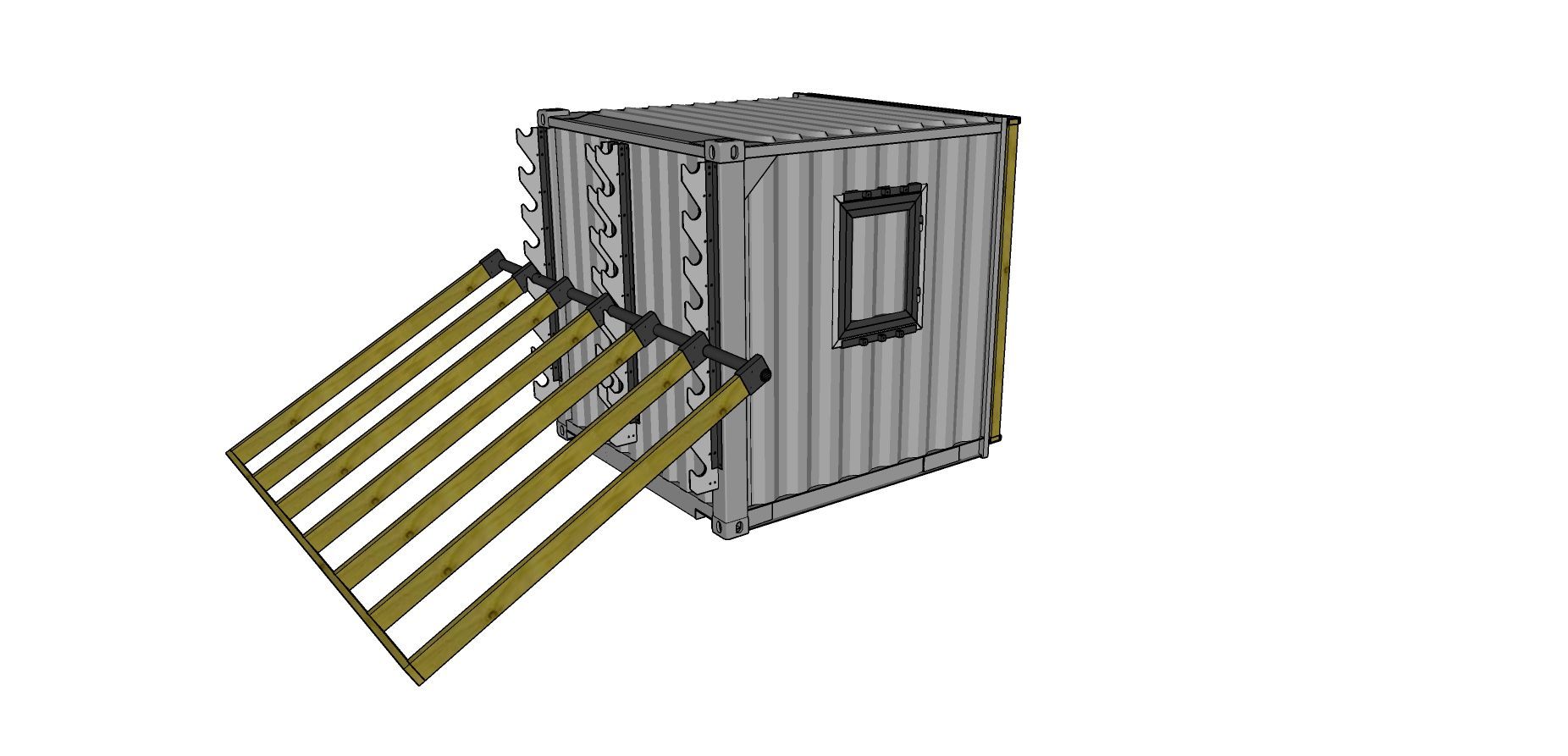 Gray storage shed with a small door and several yellow ramp-like boards leaning from the entrance