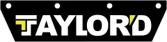 TAYLORD logo in white and yellow on a black sign with circular holes on top and bottom edges