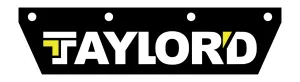 TAYLORD logo in white and yellow on a black sign with circular holes on top and bottom edges