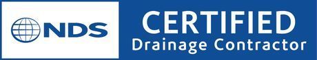 NDS Certified Drainage Contractor logo. Blue background with white text.